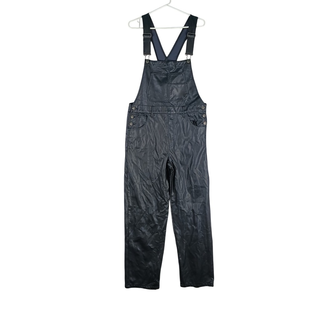 We The Free Overalls Women Medium Black Faux Leather ZIGGY Straight Leg Bibs